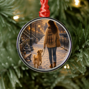Cozy Winter Evening Walk with My Best Friend Metal Ornament