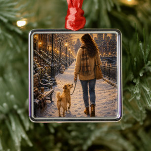 Cozy Winter Evening Walk with My Best Friend Metal Ornament