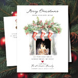 Cozy Winter Fireplace Moving  Announcement Postcard<br><div class="desc">This winter holiday moving announcement features the saying "Merry Christmas from Our New Home" with a beautiful fireplace scene and winter greenery and a hanging stocking. The announcement is perfect for sending to friends and family during the holiday season to let them know about your new address. The front of...</div>