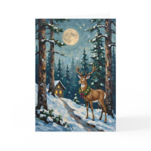 Cozy Winter Forest Deer Cabin Scene