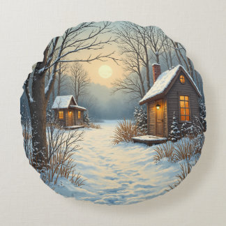 Cozy winter home scenery round pillow