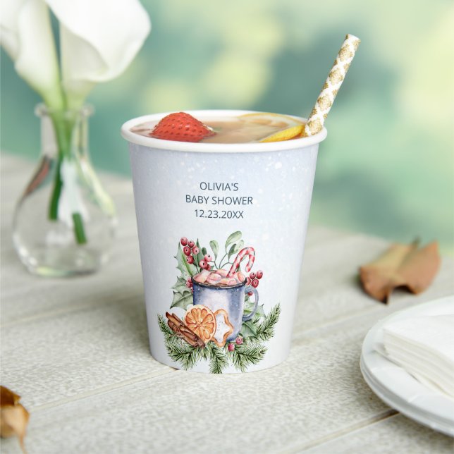 Cozy Winter Hot Cocoa Snowly Baby Shower Paper Cups (Insitu)