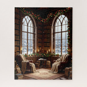 Cozy Winter Library with Holiday Garland and Snowy Jigsaw Puzzle