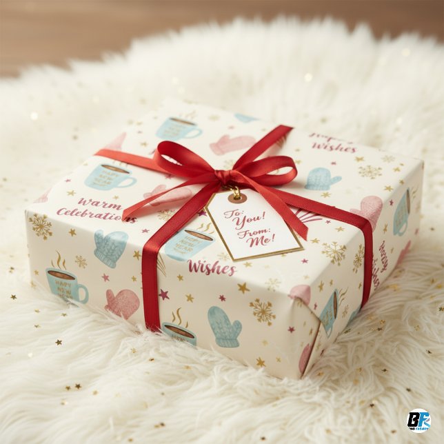 Cozy Winter Mug Mitten Pattern "Happy New Year" Wrapping Paper Sheet (Creator Uploaded)