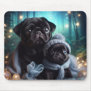 Cozy Winter Night Pug Puppies Forest Mouse Pad