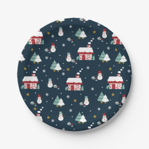 Cozy Winter Night Village and Snowmen Paper Plate