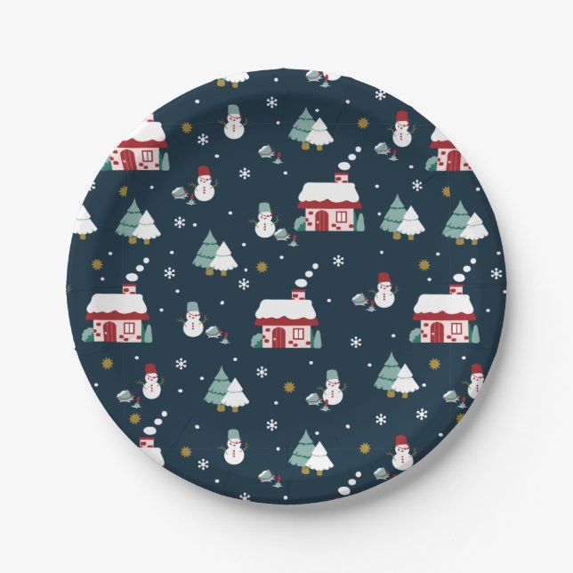 Cozy Winter Night Village and Snowmen Paper Plate (Front)