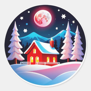 Cozy Winter Night Village Scene Classic Round Sticker