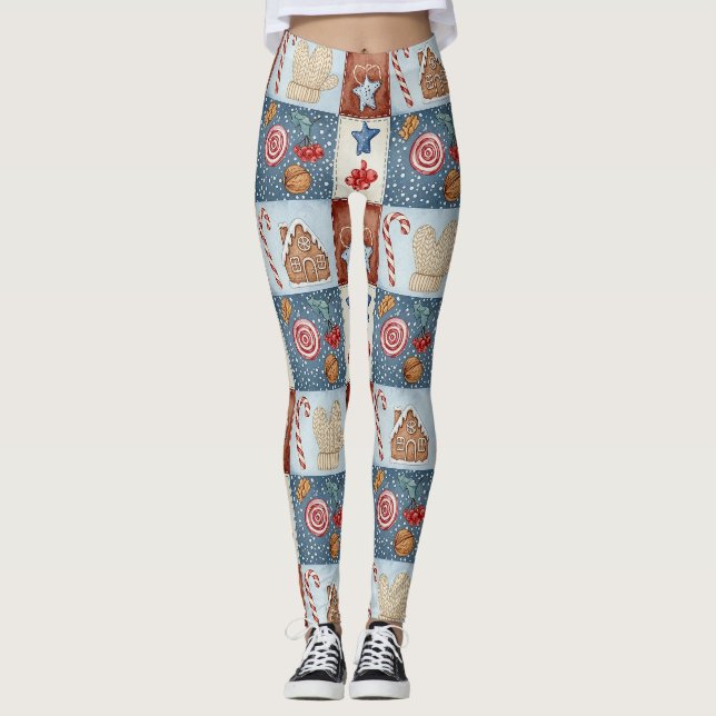 Cozy Winter Patchwork Christmas Leggings (Front)