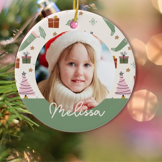 Cozy Winter Pink Green Christmas Photo   Ceramic Ornament (Creator Uploaded)