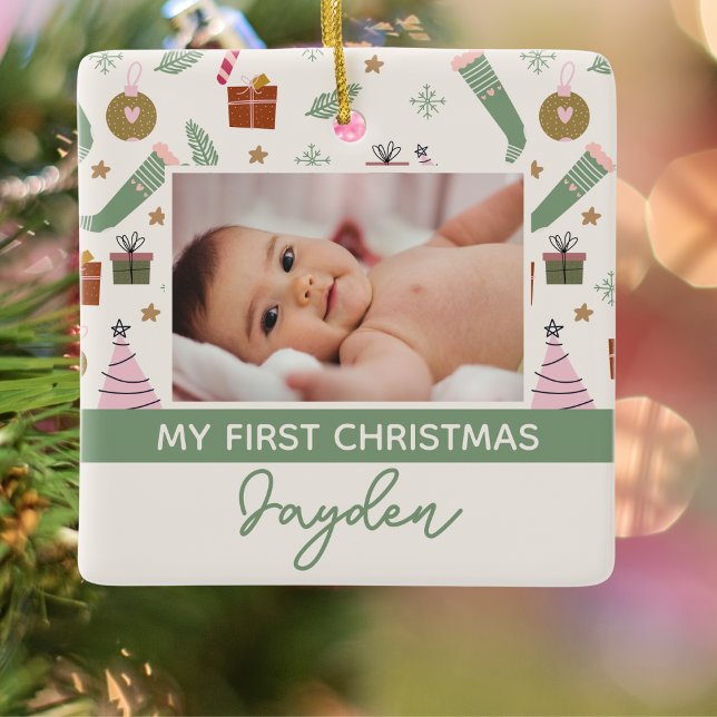 Cozy Winter Pink Green First Christmas Photo   Ceramic Ornament (Creator Uploaded)