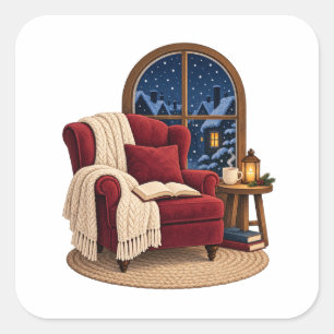 Cozy Winter Reading Nook Square Sticker