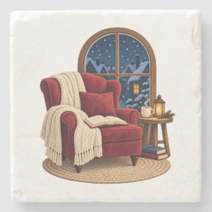 Cozy Winter Reading Nook Stone Coaster
