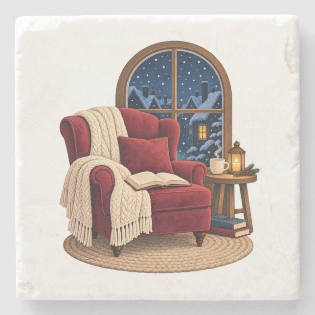 Cozy Winter Reading Nook Stone Coaster (Front)