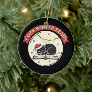 Cozy Winter Reads Cute Christmas Cat Book Lover Ceramic Ornament