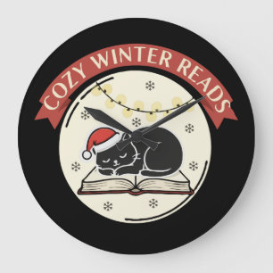 Cozy Winter Reads Cute Christmas Cat Book Lover  Large Clock