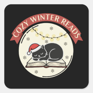 Cozy Winter Reads Cute Christmas Cat Book Lover  Square Sticker