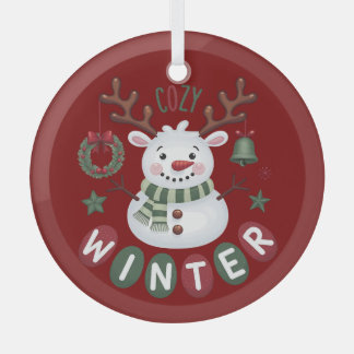 COZY WINTER - REINDEER SNOWMAN - RED GLASS ORNAMENT