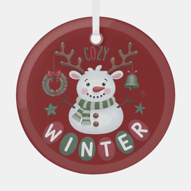COZY WINTER - REINDEER SNOWMAN - RED GLASS ORNAMENT (Front)