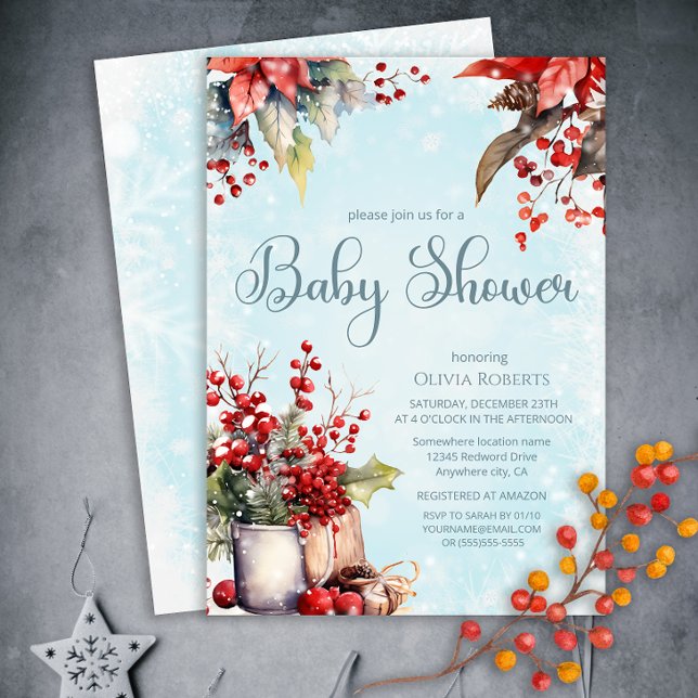 Cozy Winter Rowan berry bouquet Baby Shower Invitation (Creator Uploaded)