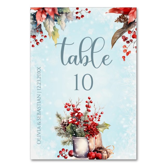 Cozy Winter Rowan berry bouquet Wedding Table Number (Front)