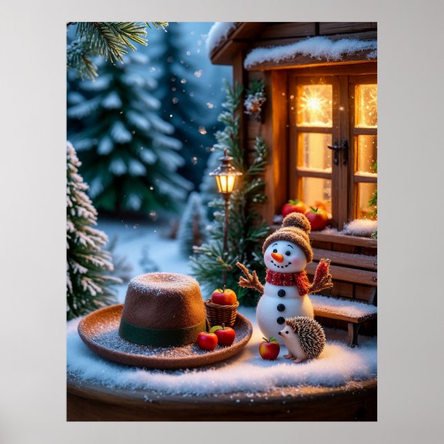 Cozy Winter Scene With Snowman, Hedgehogs Poster (Front)
