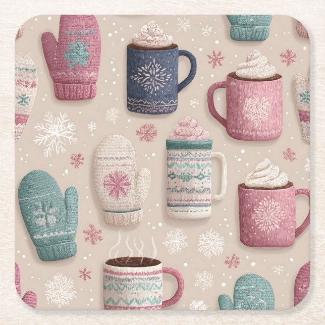 Cozy Winter Seamless Pattern with Knitted Mittens  Square Paper Coaster (Front)