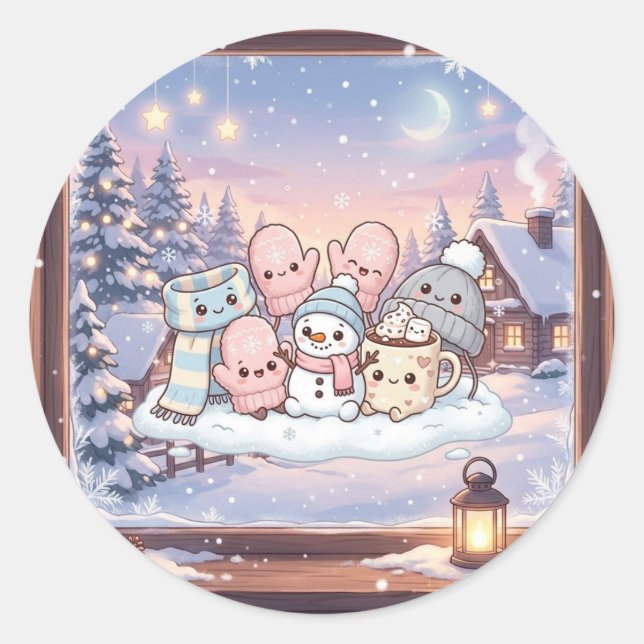 Cozy Winter Snowman Friends Sticker (Front)