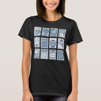 Cozy Winter Stamps Snowman Hot Cocoa Snowflake Art T-Shirt