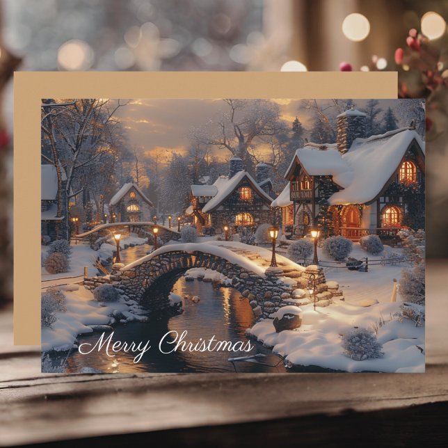 Cozy Winter Stone Cottage Village Merry Christmas Holiday Card (Creator Uploaded)