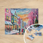 Cozy Winter Street Scene Modern Art Jigsaw Puzzle<br><div class="desc">A cozy modern art painting depicting a charming winter street scene with brightly coloured buildings, a beautifully decorated Christmas tree, and people strolling through softly falling snow. The use of bright pastel colours adds a warm and inviting touch to the cold winter setting, creating a festive and cheerful atmosphere. This...</div>