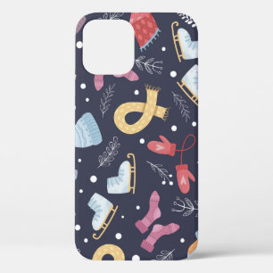 Cozy winter things on a blue background. Knitted c iPhone 12 Case