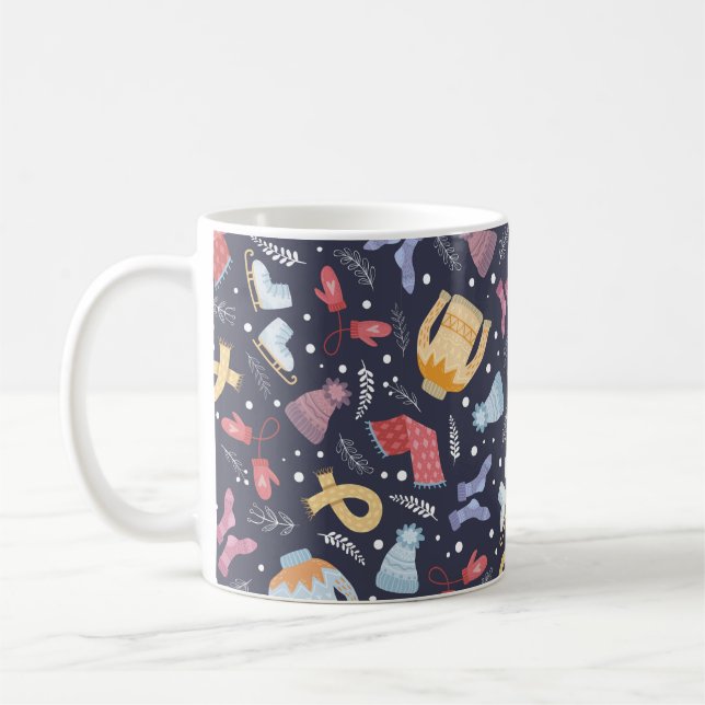 Cozy winter things on a blue background. Knitted c Coffee Mug (Left)