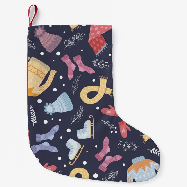 Cozy winter things on a blue background. Knitted c Small Christmas Stocking (Front)