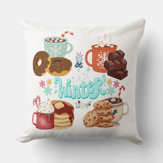 Cozy Winter Treats and Drinks Illustration Throw Pillow (Front)
