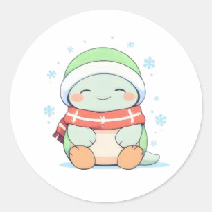 Cozy Winter Turtle with Scarf Kawaii Design Classic Round Sticker