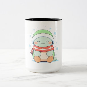 Cozy Winter Turtle with Scarf Kawaii Design Two-Tone Coffee Mug