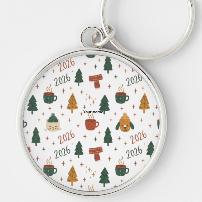 Cozy Winter Vibes 2026 - Cute Puppy and Kitten Chr Keychain (Front)