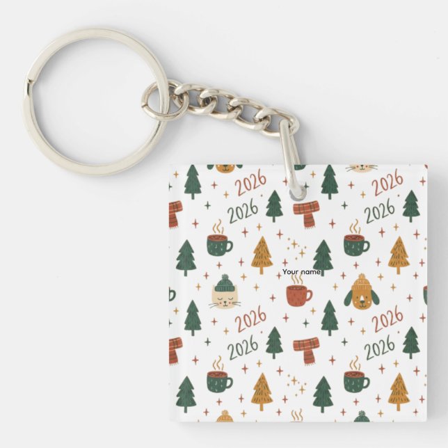Cozy Winter Vibes 2026 - Cute Puppy and Kitten Chr Keychain (Front)