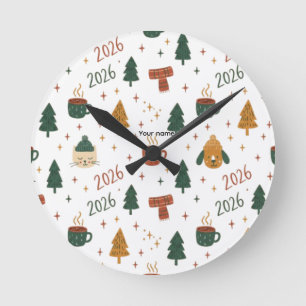 Cozy Winter Vibes 2026 - Cute Puppy and Kitten Chr Round Clock