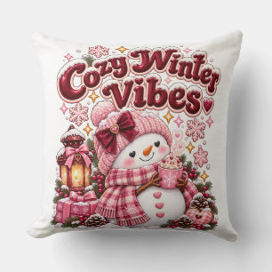 Cozy Winter Vibes Cute Coquette Snowman Custom Throw Pillow