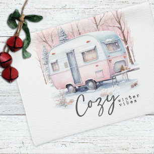 Cozy Winter Vibes Pink Pastel Camper Christmas Kitchen Towel