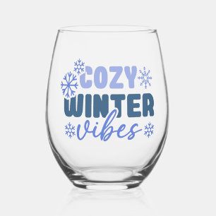 Cozy Winter Vibes - Snowflake Typography Stemless Wine Glass