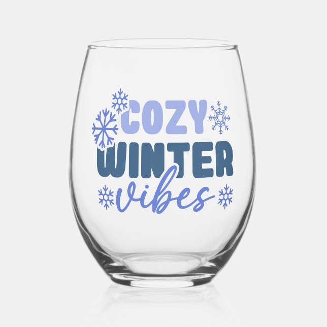 Cozy Winter Vibes - Snowflake Typography Stemless Wine Glass (Front)