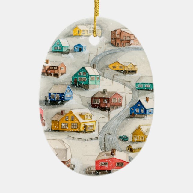 Cozy Winter Village Art Ceramic Ornament (Front)