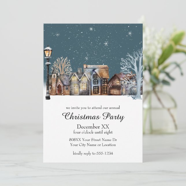 Cozy Winter Village at Night with Falling Snow Invitation (Standing Front)