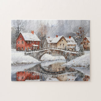 Cozy Winter Village Bridge Watercolor Christmas Jigsaw Puzzle
