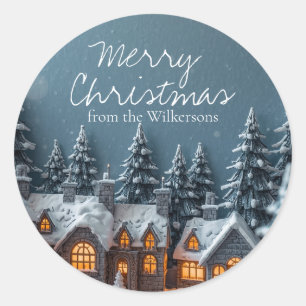 Cozy Winter Village Custom Name Christmas Classic Round Sticker