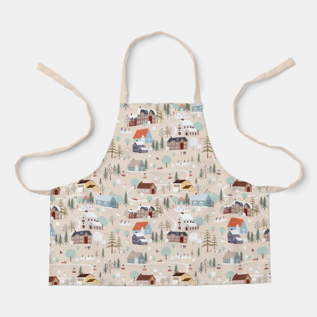 Cozy Winter Village Scene Pattern Apron (Front)