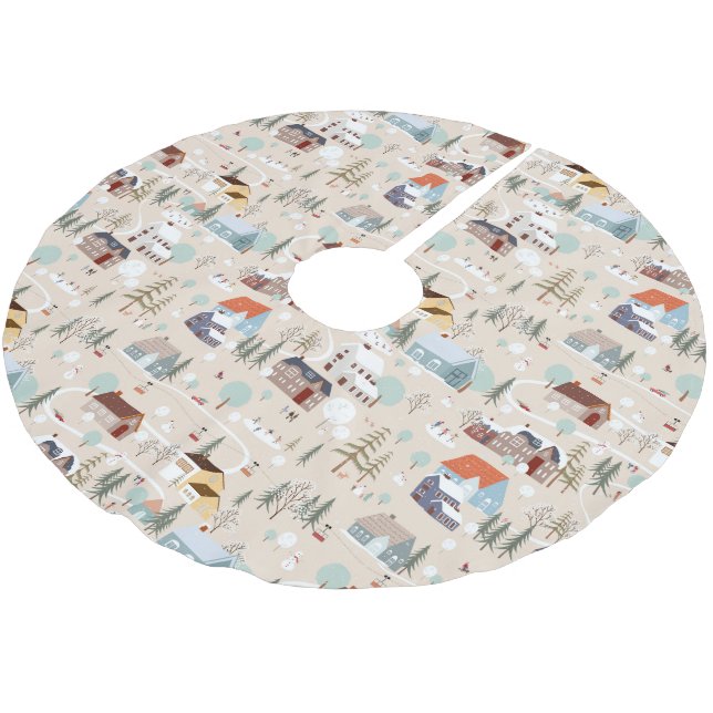 Cozy Winter Village Scene Pattern Brushed Polyester Tree Skirt (Angled)